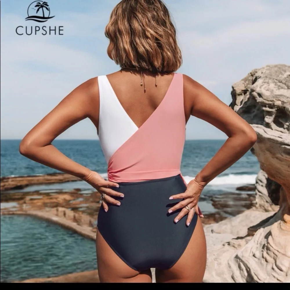 Cupshe Women's Pink & Blue  Block One Piece Swimsuit Plunging Knotted Monokini - Picture 2 of 6